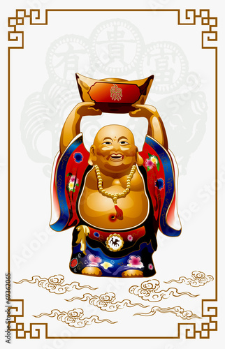Vector of Happy Buddha Carrying Gold Money