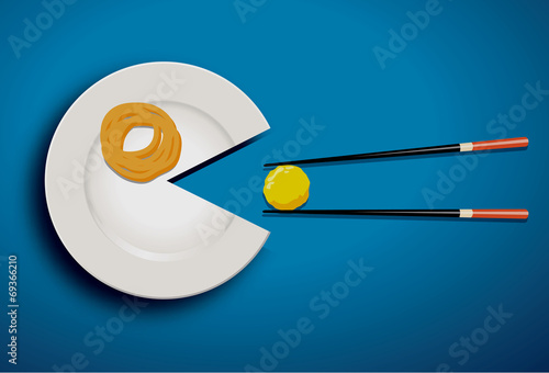 Vecter of white plate eating mealball with chopstick on blue bla