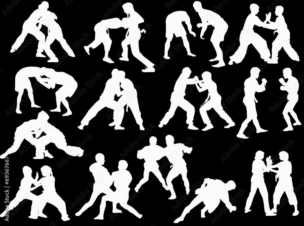 hand-to-hand white fighters isolated silhouettes
