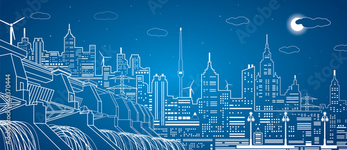 Hydro power plant, night city, neon lines, vector design
