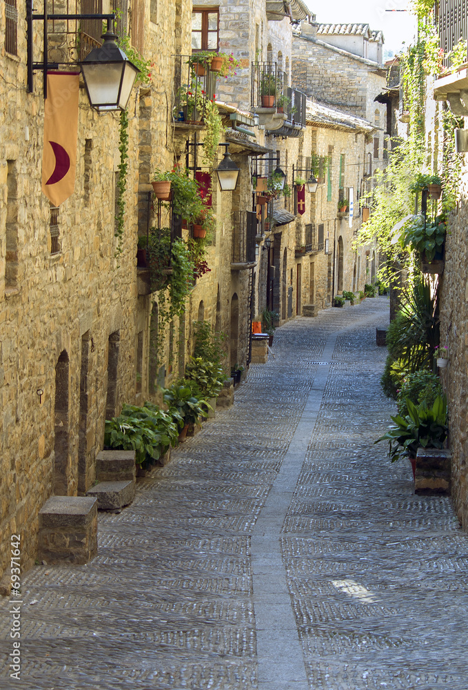 Old street in the medieval village of Ainsa.Aragon.Spain