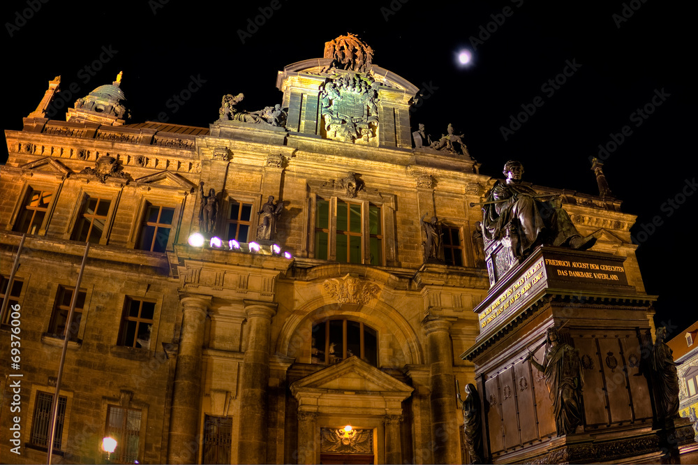 Night view on Dresden Court of Appeal and Monument to Frederick 