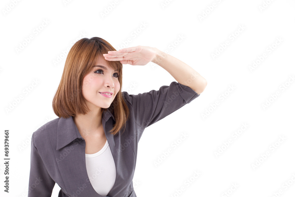 portrait of business woman looking up white isolated backgroud portrait of business woman looking up white isolated backgroud