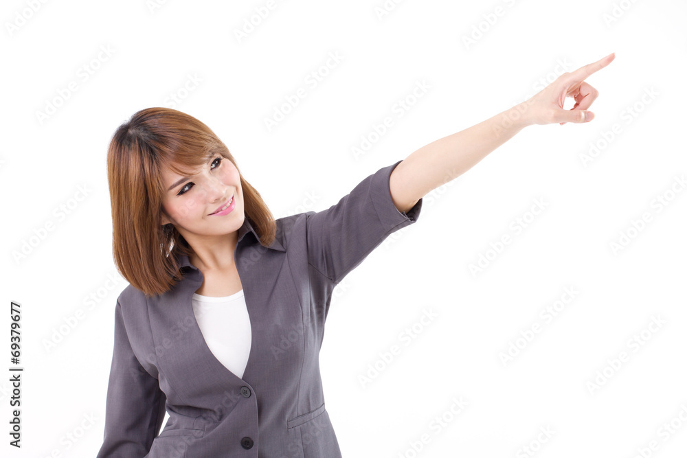 Smiling, confident, happy business woman pointing pose Smiling, confident, happy business woman pointing pose