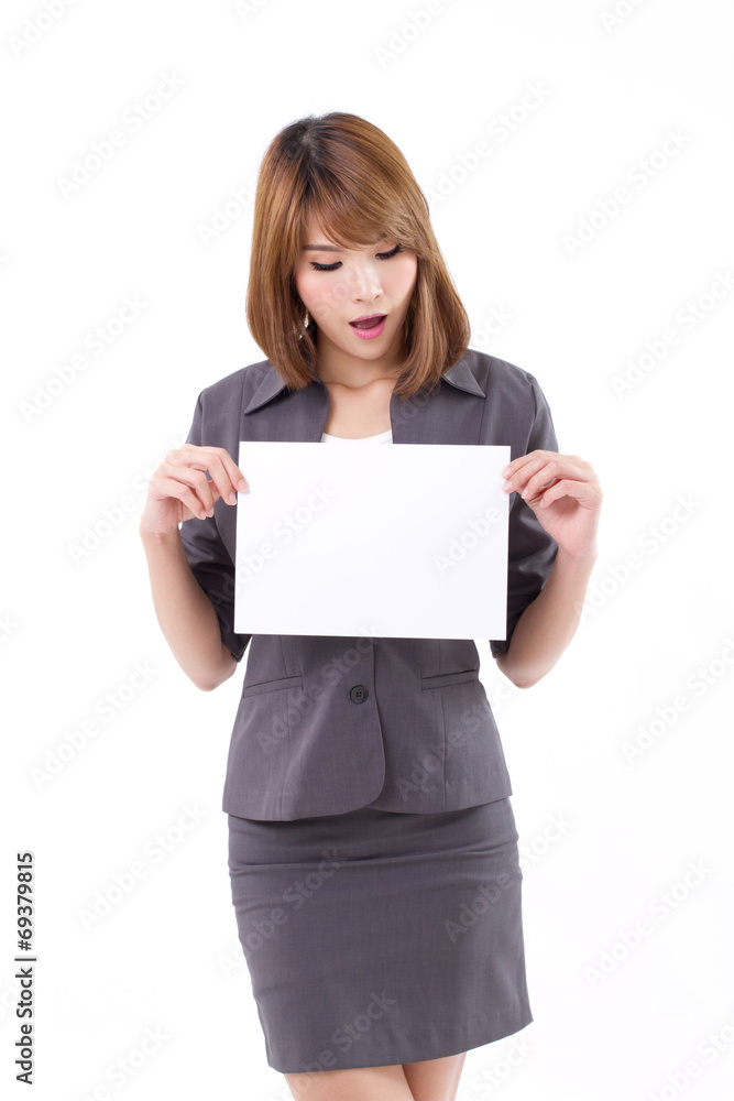 Excited business woman holding a banner, board, blank card Excited business woman holding a banner, board, blank card
