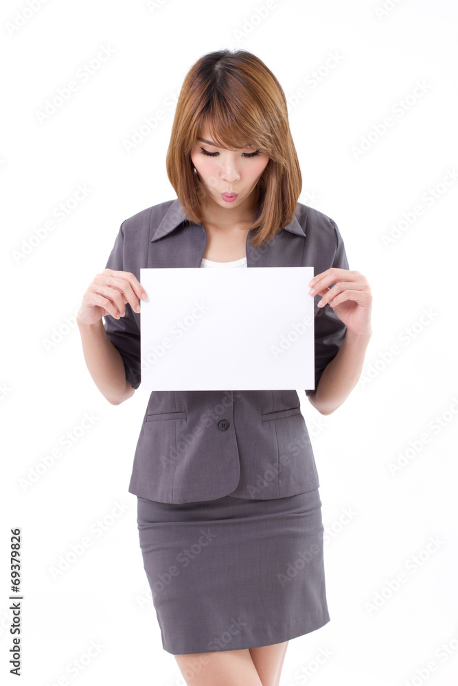Excited business woman holding a banner, board, blank card for t Excited business woman holding a banner, board, blank card for t
