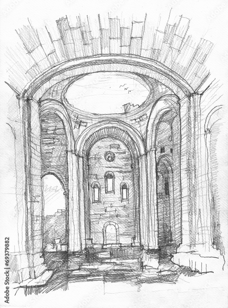 Interior of Cathedral, Ani, Turkey. Pencil sketch on paper.