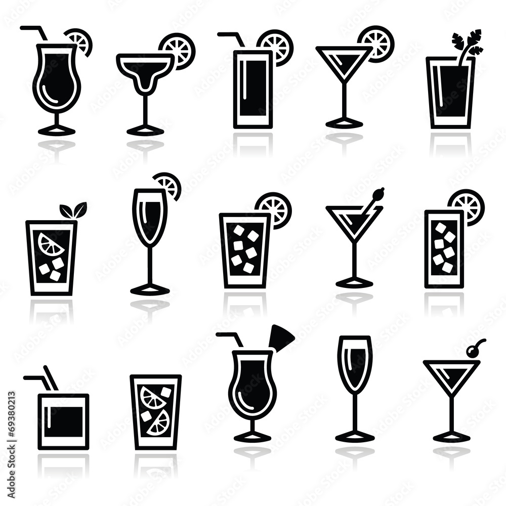 Cocktails, drinks glasses vector icons set - obrazy, fototapety, plakaty 