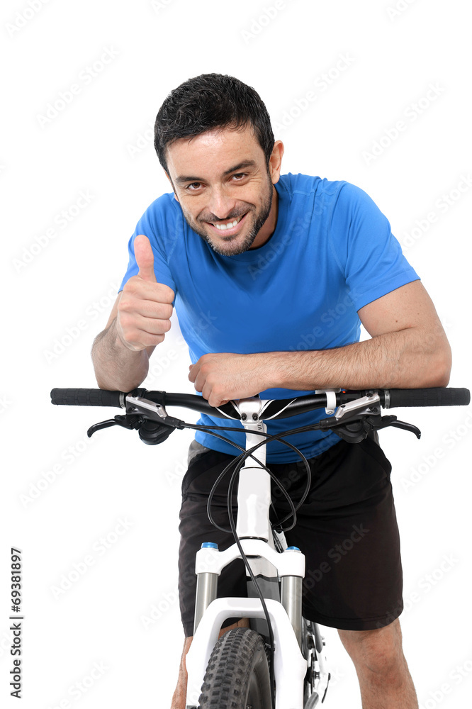 sport man riding mountain bike training giving thumb up