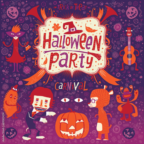 Funny Halloween party invitation postcard, poster or background.