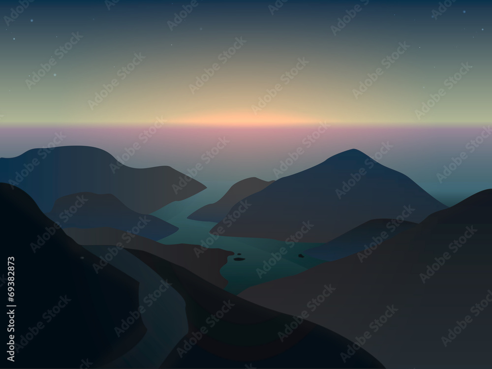illustration of a misty sunrise in mountains at the ocean