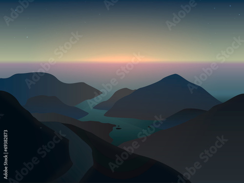 illustration of a misty sunrise in mountains at the ocean