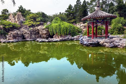 Red Pavilion Pond Temple of Sun City Park Beijing