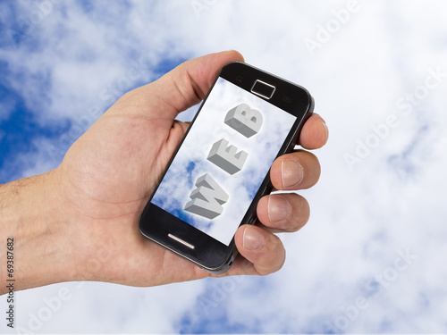 Wallpaper Mural mobile and hand with sky background with internet terms Torontodigital.ca