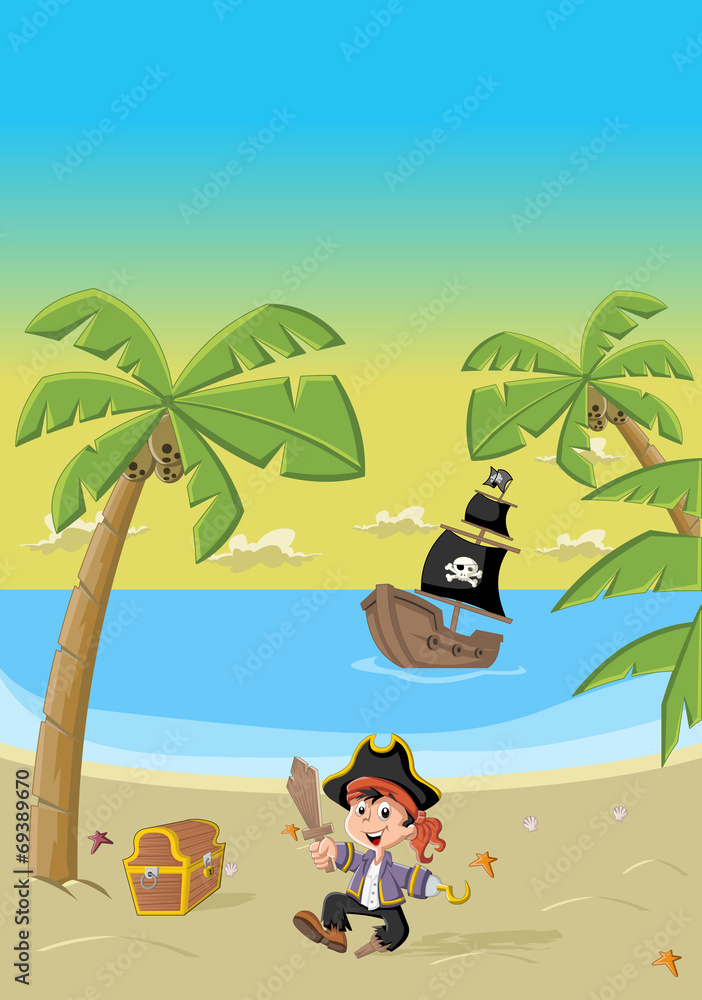 Fototapeta premium Cartoon pirate boy on a beautiful tropical beach