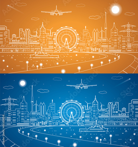 Airplane comes in to land, city night, ship on the water, art