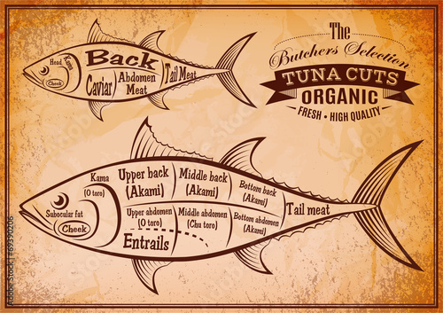 poster with a detailed diagram of butchering tuna