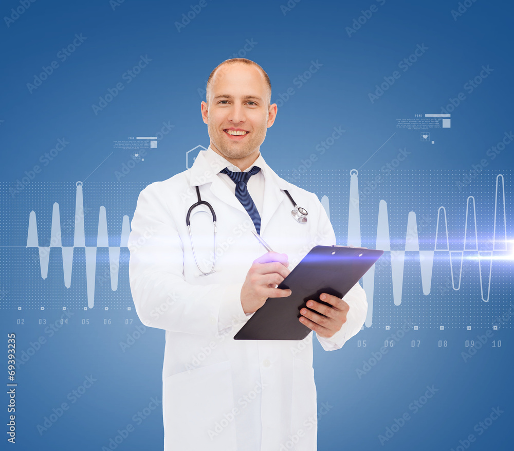 smiling male doctor with clipboard and stethoscope smiling male doctor with clipboard and stethoscope