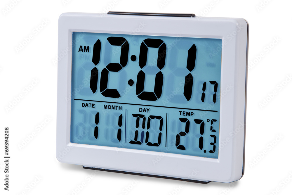 Modern alarm clock isolated en white background.