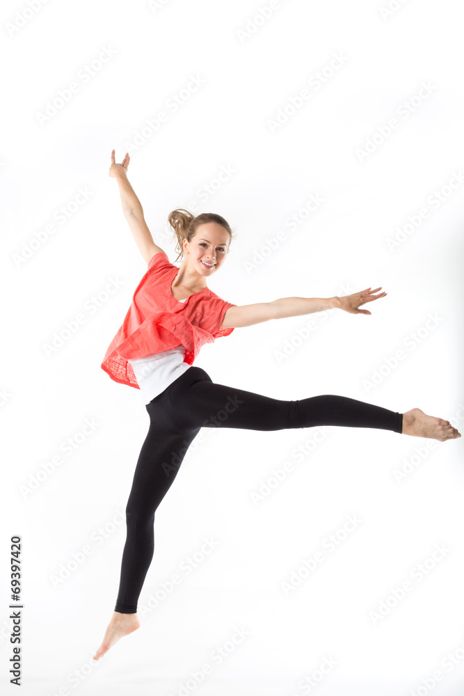 Weight loss fitness woman jumping of joy. Young sporty Caucasian