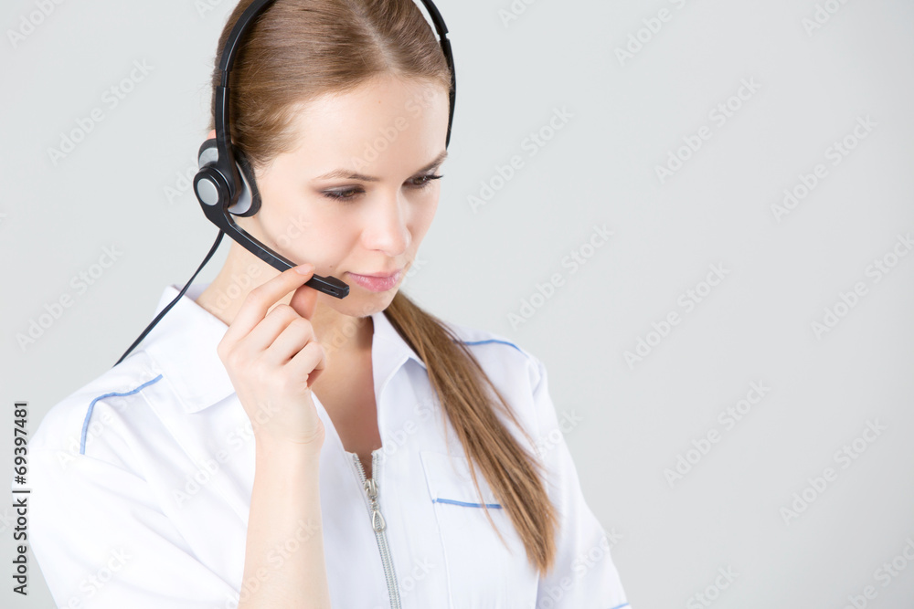 Woman customer service worker, call center smiling operator Woman customer service worker, call center smiling operator