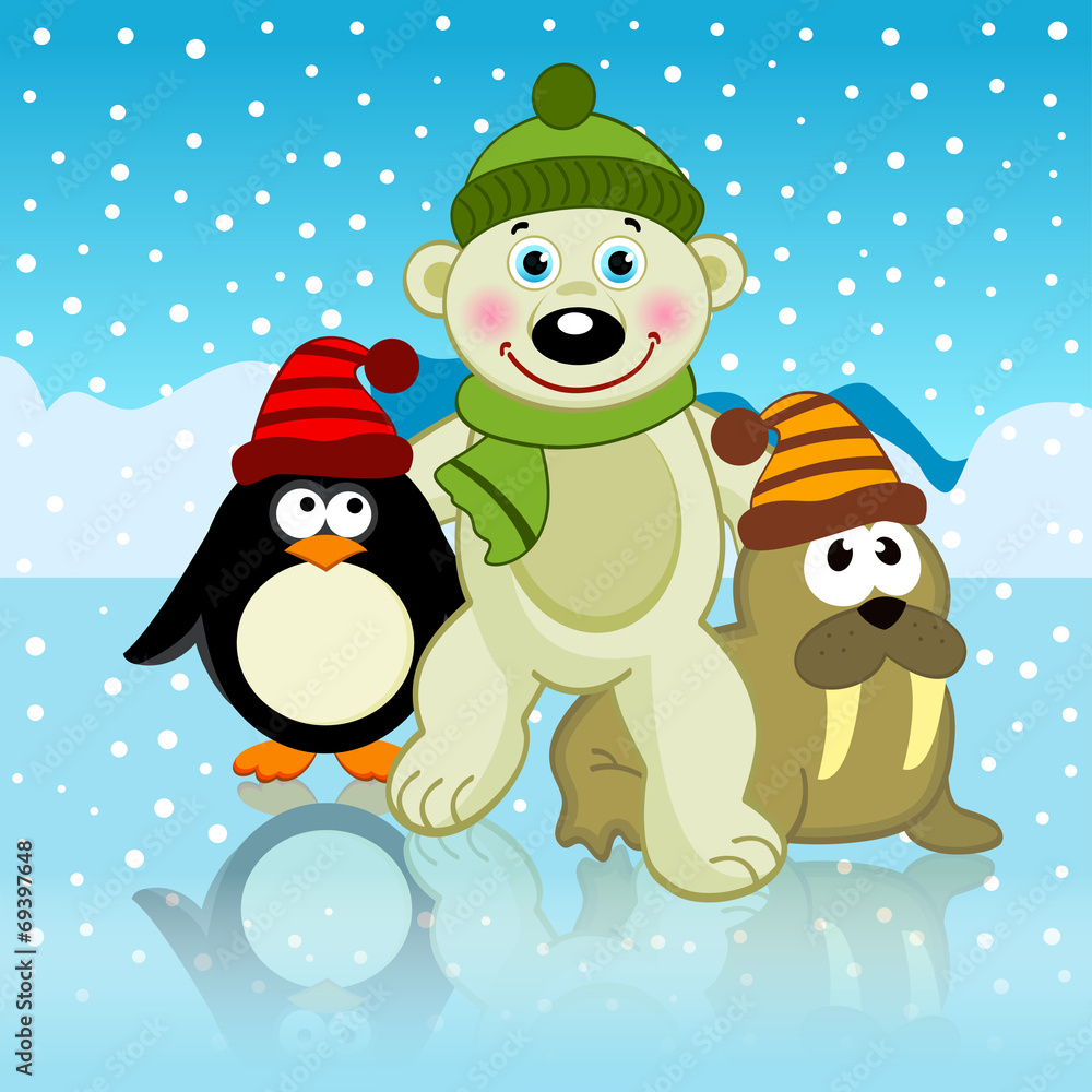 polar bear walrus penguin friends - vector illustration, eps