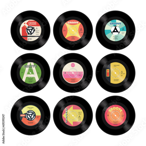 Nine colourful retro vector seven inch singles with labels