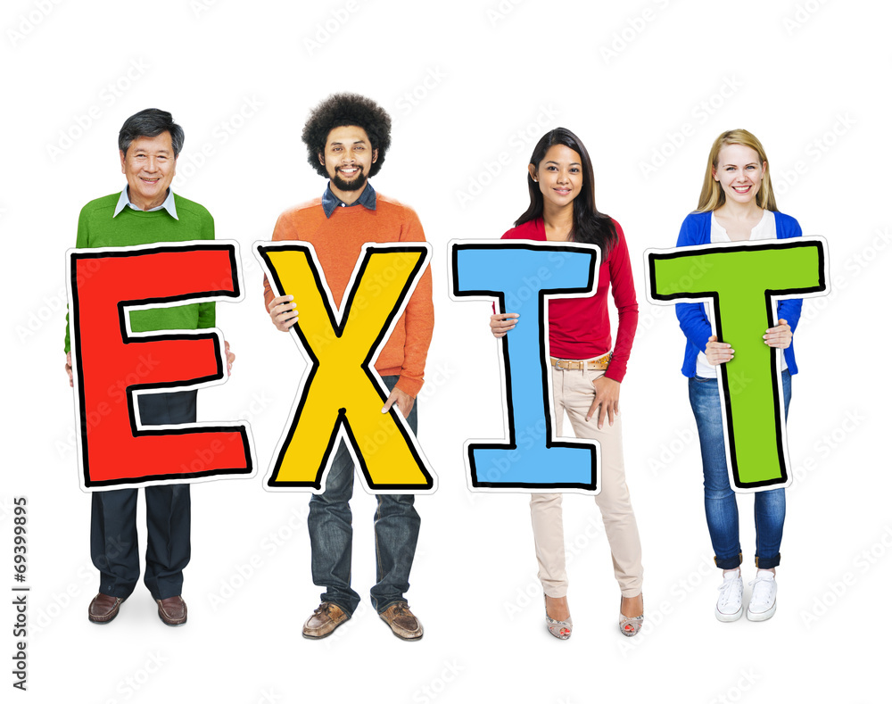 Multiethnic Group of People Holding Letter Exit Multiethnic Group of People Holding Letter Exit