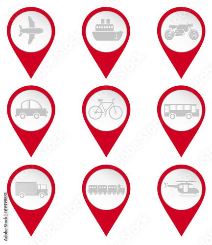 Map pin icons of transports