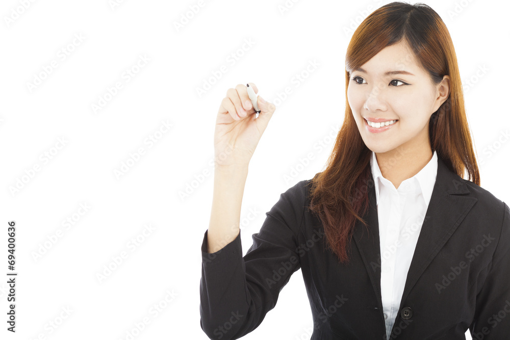 confident business woman standing and holding a pencil confident business woman standing and holding a pencil