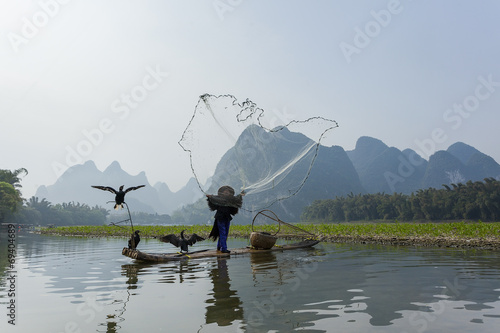 Cormorant, fish man and Li River scenery sight with fog in sprin