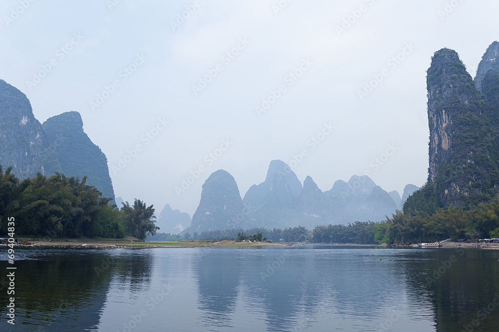 Li River scenery sight with fog in spring, Guilin, China