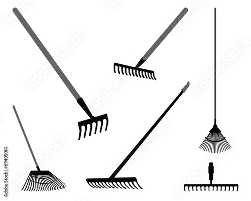 Black silhouettes of rake on a white background 2, vector