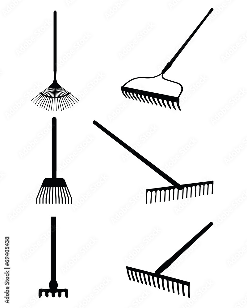 Black silhouettes of rake on a white background, vector Stock Vector ...