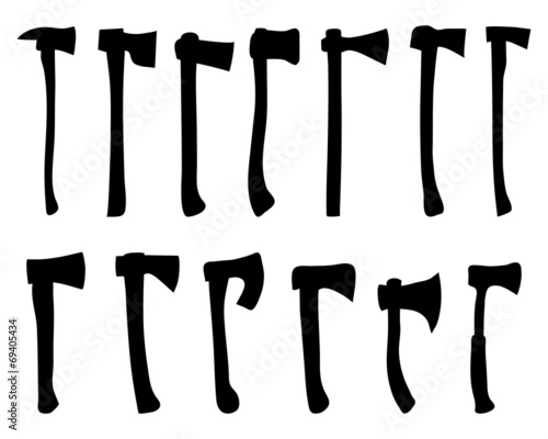 Black silhouettes of axe on white background, vector