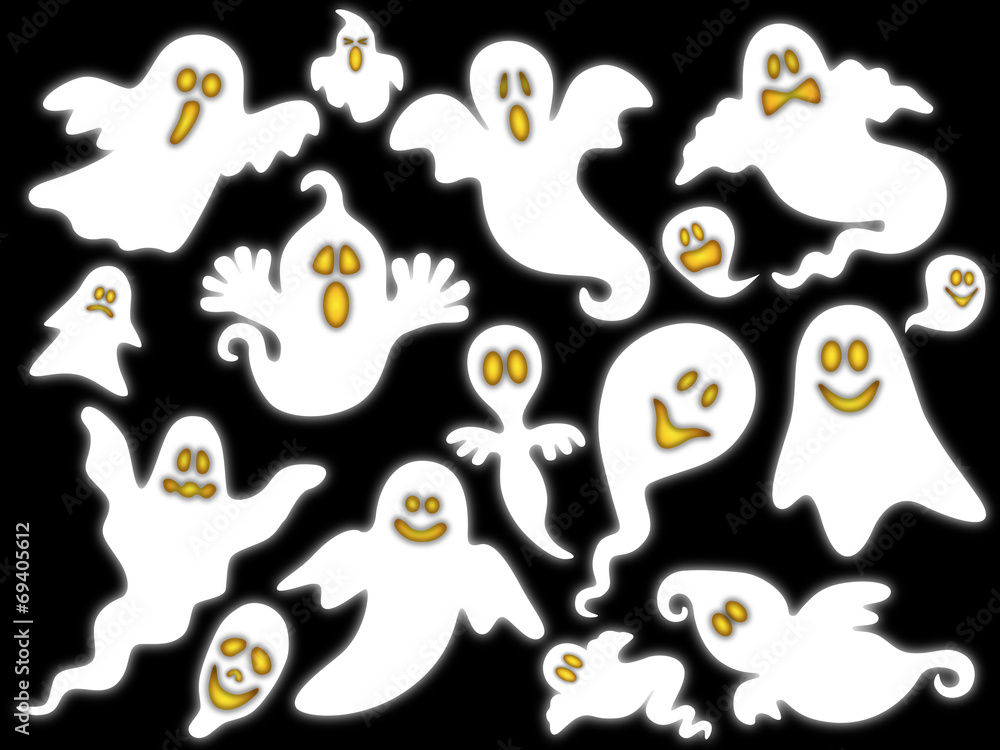 Set weiße Halloween-Gespenster mit glühenden Augen Set weiße Halloween-Gespenster mit glühenden Augen