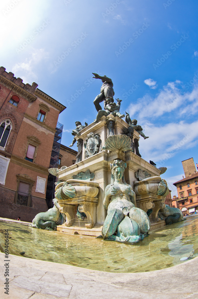 Neptune fontain from low angle at downtown of Bologna