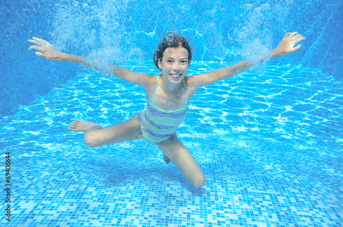 Happy active underwater child swims in pool  kids sport