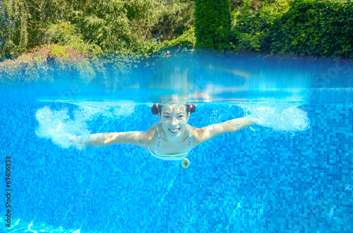 Child swims in swimming pool  underwater and above view