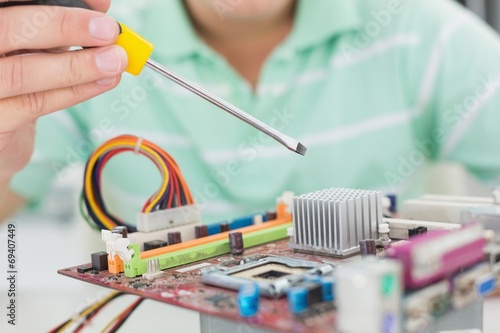 Technician working on broken cpu with screwdriver