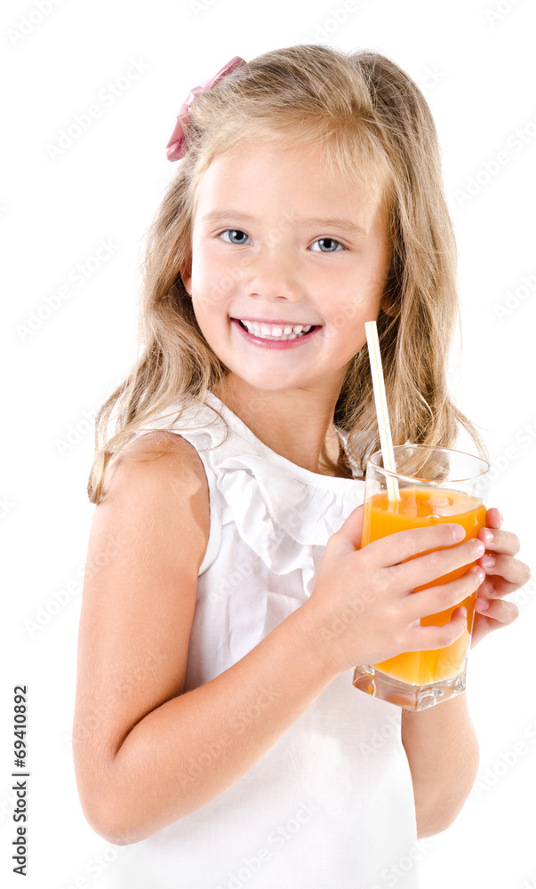 Smiling cute little girl with glass of juice isolated Smiling cute little girl with glass of juice isolated