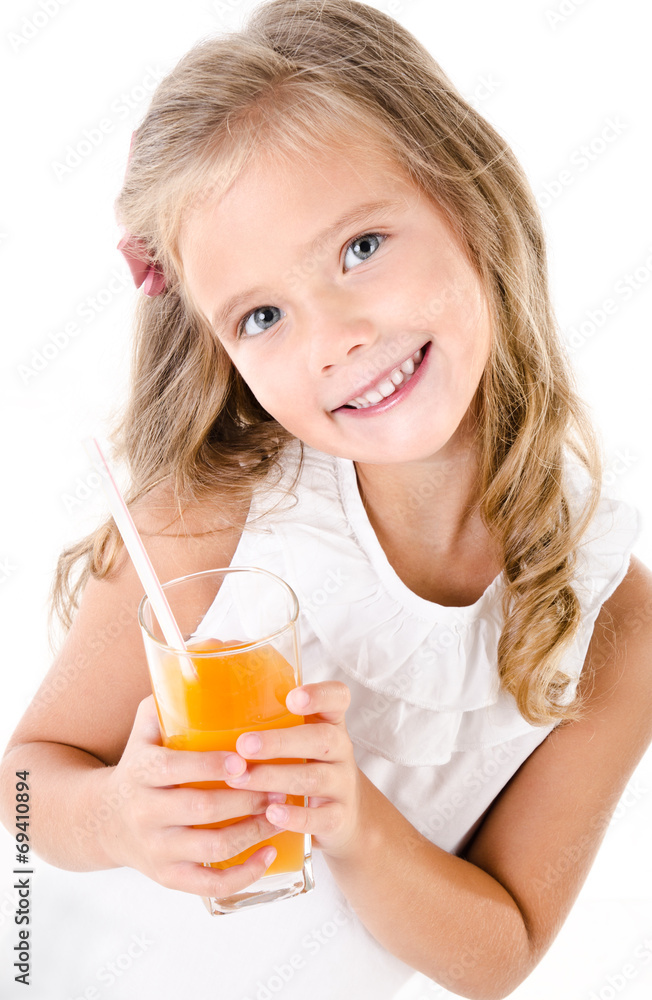 Smiling cute little girl with glass of juice isolated Smiling cute little girl with glass of juice isolated