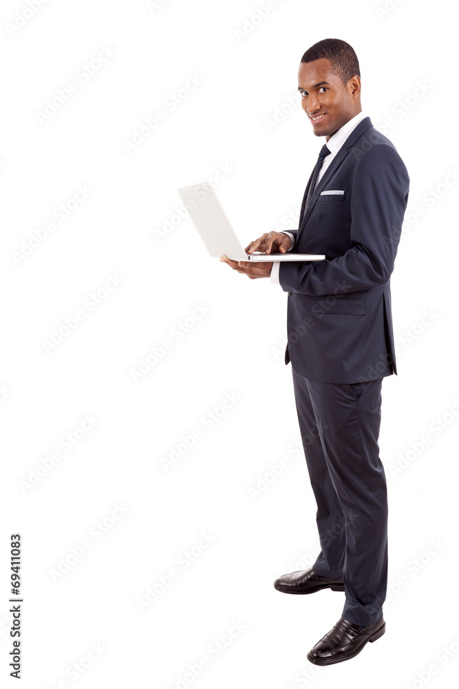 Business man with a laptop, isolated on white background Business man with a laptop, isolated on white background