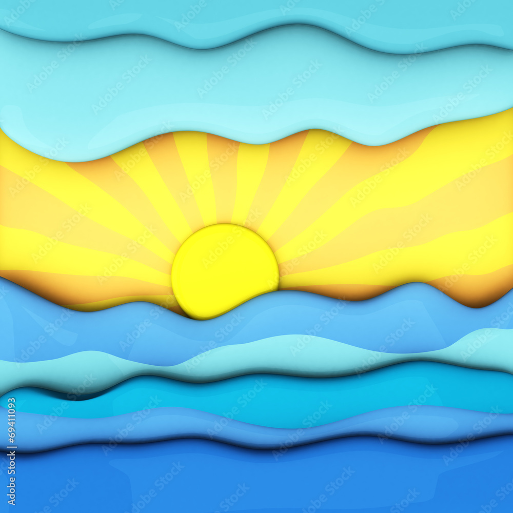 Summer sunset over sea waves, abstract 3d illustration