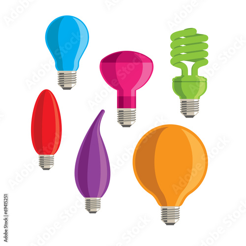 Six colourful vector lightbulbs on a white background