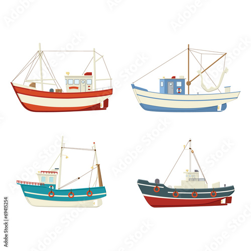 Four colourful vector fishing boats