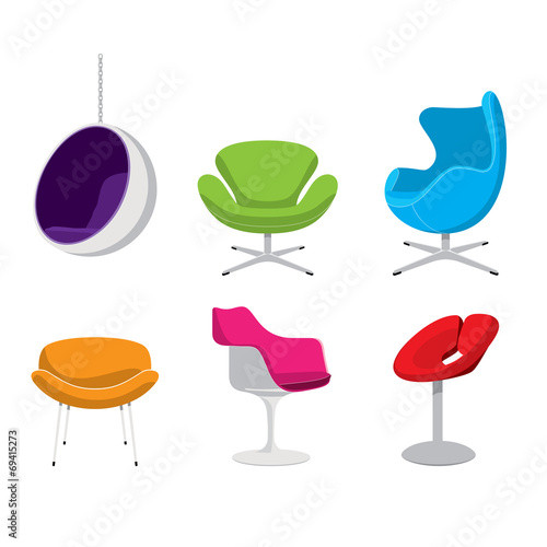 Six colourful retro designer vector chairs