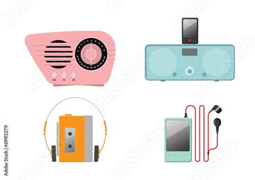Four colourful retro vector music players
