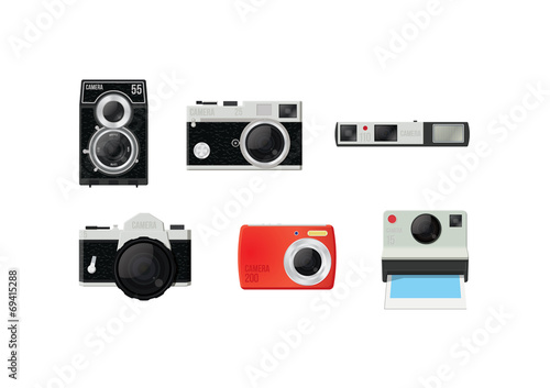 Six retro vector film cameras on a white background