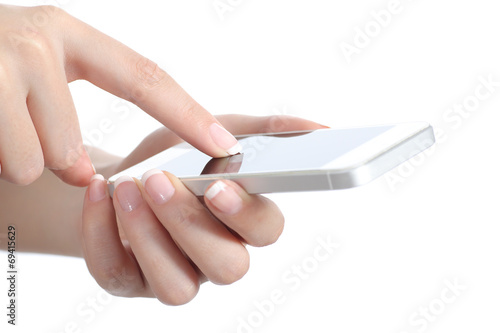 Woman hands holding and touching a smart phone screen